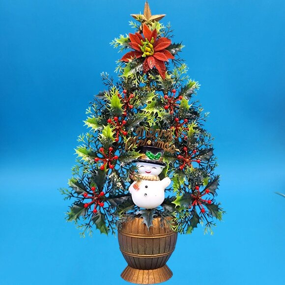 Merry Christmas Tree Snowman Flocked Poinsettia 1970s Kitsch Plastic Hong Kong - Picture 2 of 10